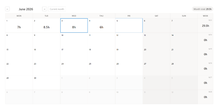Time Tracker personal monthly calendar showing daily hour totals for June 2026