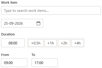 Time Tracker log time form with work item search, date, an 8-hour duration with quick-add buttons, and From 09:00 To 17:00