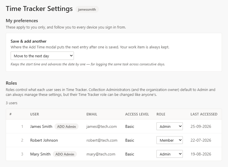 Time Tracker Settings page with personal preferences and a Roles table assigning Admin and Member roles to James Smith, Robert Johnson and Mary Smith
